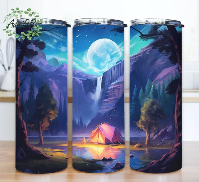 Camping 20oz Skinny Tumbler Png, Camping Flowers Tumbler, Mountains And Lake Tumbler, Camping Floral Tumbler, Floral Mountainous Glamping Tent Wrap Sublimation AdriOP 