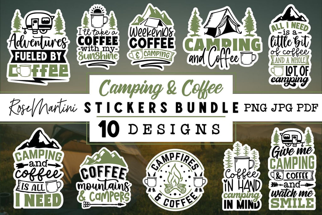 Camping And Coffee Stickers Bundle | 10 Print-Then-Cut Files - So Fontsy