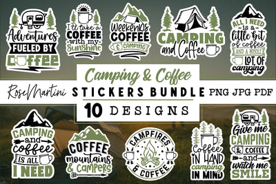 Camping And Coffee Stickers Bundle | 10 Print-Then-Cut Files Sublimation RoseMartiniDesigns 