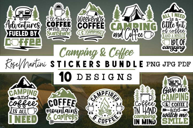 Camping And Coffee Stickers Bundle | 10 Print-Then-Cut Files Sublimation RoseMartiniDesigns 