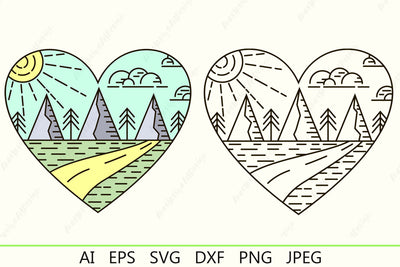 Camping badge svg, Nature landscape outline svg, Outdoor in heart shape svg SVG AnastasiyaArtDesign 
