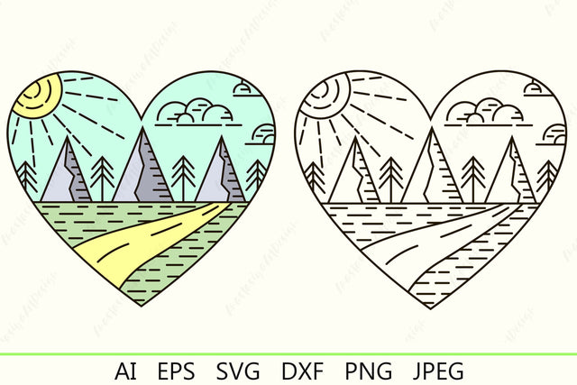 Camping badge svg, Nature landscape outline svg, Outdoor in heart shape svg SVG AnastasiyaArtDesign 