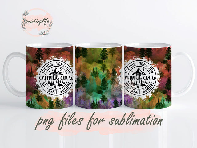 Camping crew Mug sublimation design Friends adventure Fire drinks Pine trees digital PNG Sublimation PrintingLife 