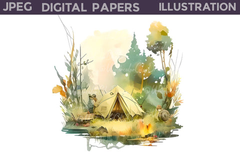 Camping Digital Paper Digital Pattern WatercolorColorDream 