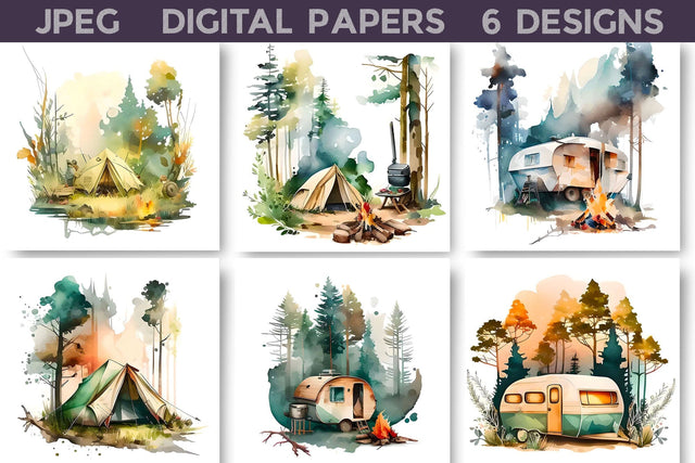 Camping Digital Paper Digital Pattern WatercolorColorDream 