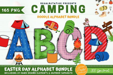 Camping Doodle Alphabet Bundle with Hand Drawn Clipart Font Regulrcrative 