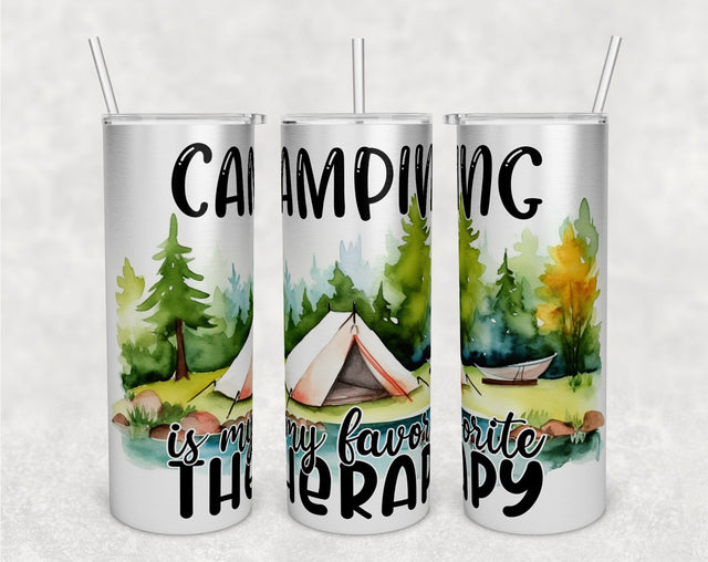 Camping Is My Favorite Therapy Tumbler Wrap, 20 Oz Skinny Tumbler Sublimation Design, Seamless Camping Tumbler PNG Sublimation HappyDesignStudio 