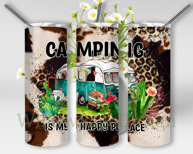 Camping Is My Happy Place 20oz Skinny Tumbler, Western Camping Design Png, Leopard Cowhide Tumbler Wrap, Camper Sublimation Design, Digital Download Sublimation WillowSageDesign 