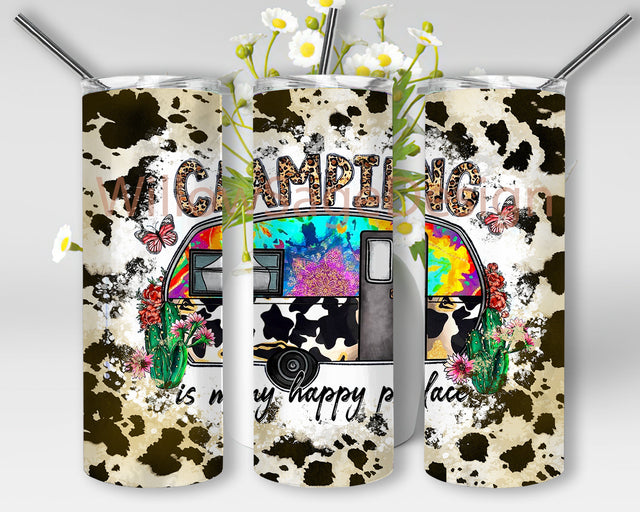 Camping Is My Happy Place Tumbler Png, Camping Western Cowhide 20oz Tumbler, Camper Sublimation Design, Camping Leopard Design Png, Digital Download Sublimation WillowSageDesign 
