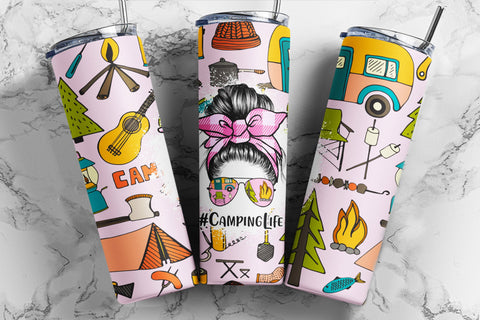 Camping Life 20 Oz Skinny Tumbler Design, Pink Messy bun Mom Camper, Seamless Tumbler Design, Camper Tumbler Wrap PNG Instant Download Sublimation TumblersByPhill 