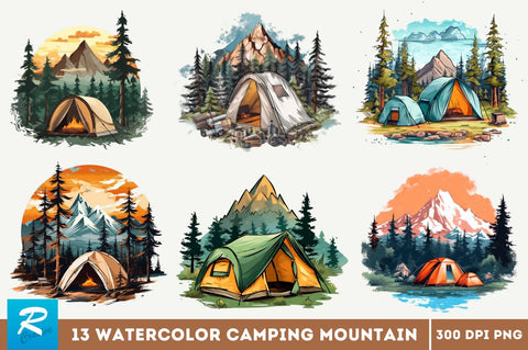 Camping Mountain Clipart Bundle Sublimation Regulrcrative 