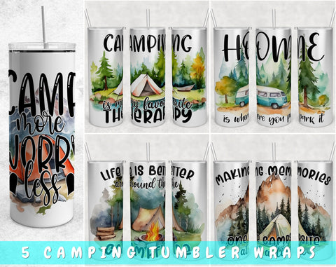 Camping Quotes Tumbler Wraps Bundle, 20 Oz Skinny Tumbler Camper Sublimation Designs, Seamless Camping PNG, 5 Designs Sublimation HappyDesignStudio 