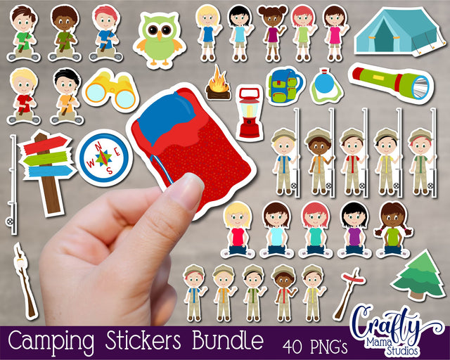 Camping Stickers, Summer Camp Sticker Bundle, Kids Stickers SVG Crafty Mama Studios 