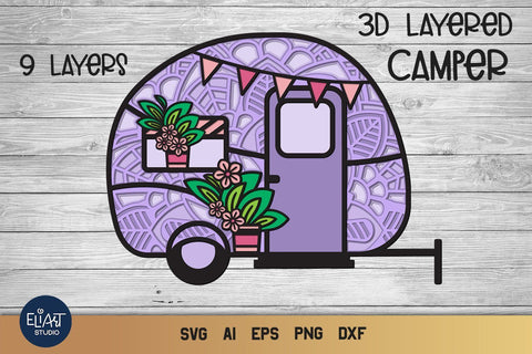 Camping SVG, 3D Layered SVG Camper, Happy Camper SVG. 3D Paper Elinorka 