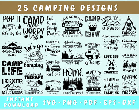Camping SVG Bundle, 25 Designs, Camp Life SVG, Camping Quotes SVG, Camping Sayings SVG Cut Files For Cricut, Silhouette SVG HappyDesignStudio 