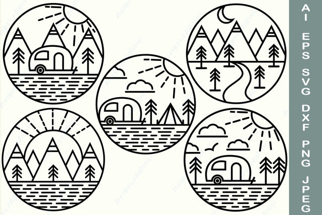 Camping svg bundle with mountain svg, Hiking outdoor clipart, Round outline svg SVG AnastasiyaArtDesign 