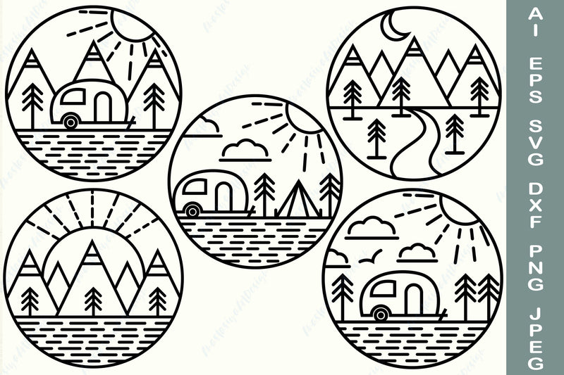 Camping svg bundle with mountain svg, Hiking outdoor clipart, Round outline svg SVG AnastasiyaArtDesign 