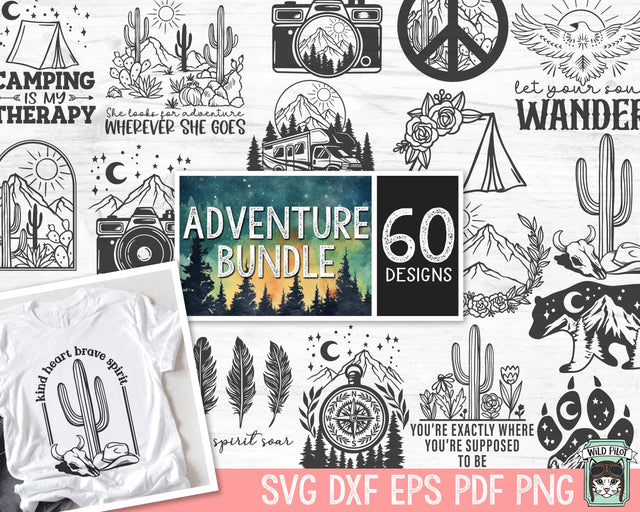 Camping SVG files Bundle, Camping SVG, Desert svg, Hiking svg, Camper svg files, Mountain Scene svg file, Camping png, Adventure, Camera svg SVG Wild Pilot 