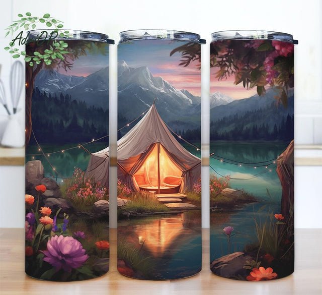 Camping Tent With Flowers 20oz Skinny Tumbler Png, Camping Flowers Tumbler, Mountains And Lake Tumbler, Camping Floral Tumbler Sublimation AdriOP 