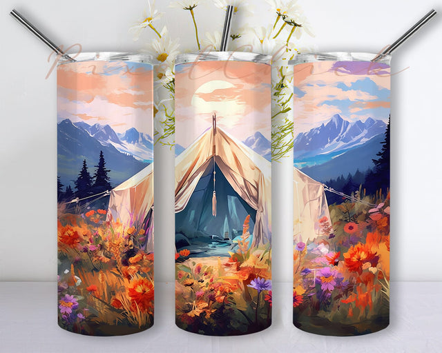 Camping Tent With Flowers 20oz Skinny Tumbler Png, Camping Flowers Tumbler, Mountains And Lake Tumbler, Camping Floral Tumbler Sublimation PixelChick 