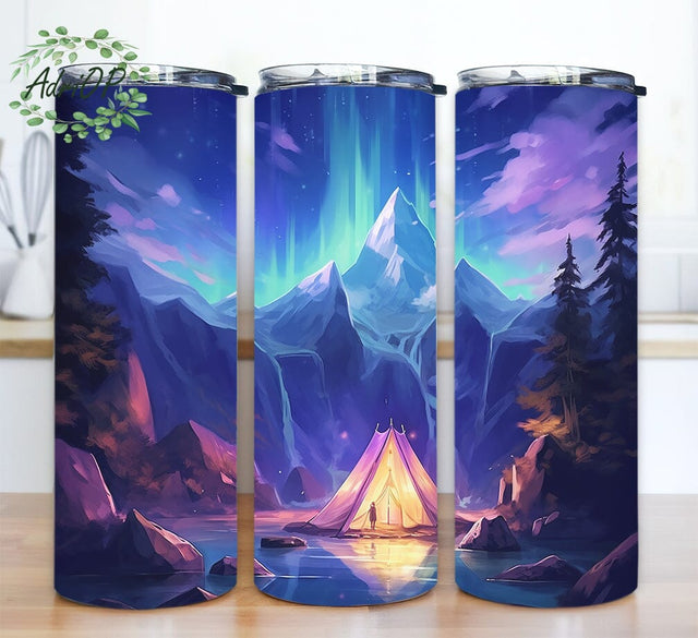 Camping Tent With Flowers 20oz Skinny Tumbler Png, Camping Flowers Tumbler, Mountains And Lake Tumbler, Floral Mountainous Glamping Tent Wrap Sublimation AdriOP 