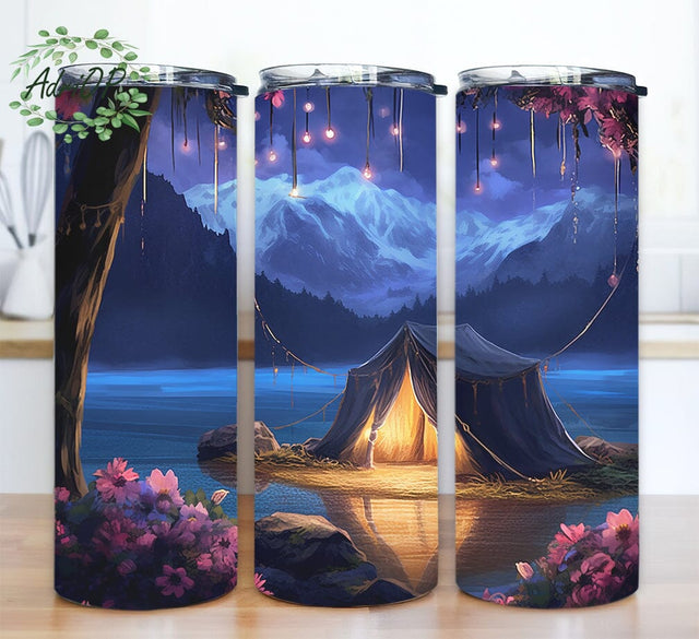 Camping Tent With Flowers 20oz Skinny Tumbler Png, Camping Flowers Tumbler, Mountains And Lake Tumbler, Glam Tent Tumbler, Happy Camper Sublimation AdriOP 