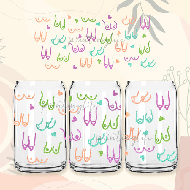 Can glass breast boob png , Boobies Breast Cancer png ,Breast colorful png ,Doodle boobs Libbey can glass for beer can glass 16oz design Sublimation PrintingLife 