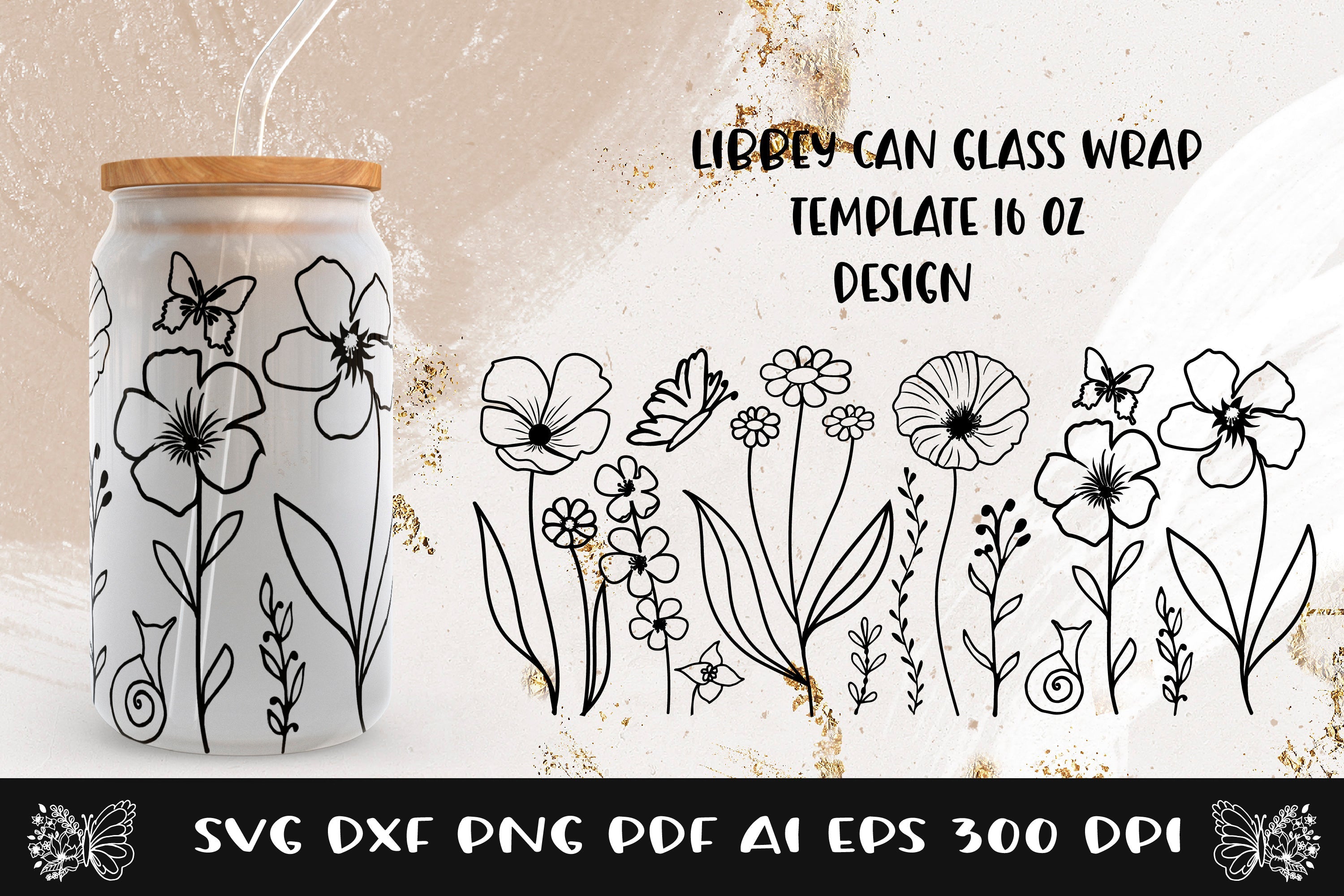 Wildflowers Libbey Glass Can SVG, Floral Beer Can Glass Wrap - So Fontsy