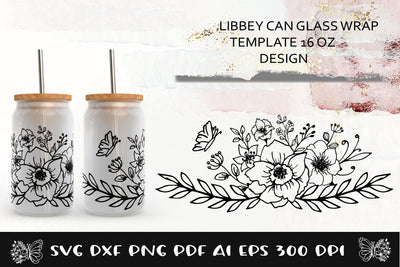 Can Glass Wrap Flowers SVG. Libbey Glass Can Full Wrap. SVG Samaha Design 