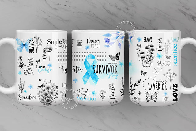 Cancer Awareness, Blue Ribbon Mug, Motivational Mug, Positive Survivor Affirmations, 11 & 15 Oz Mug Press Sublimation, Digital File Sublimation Syre Digital Creations 
