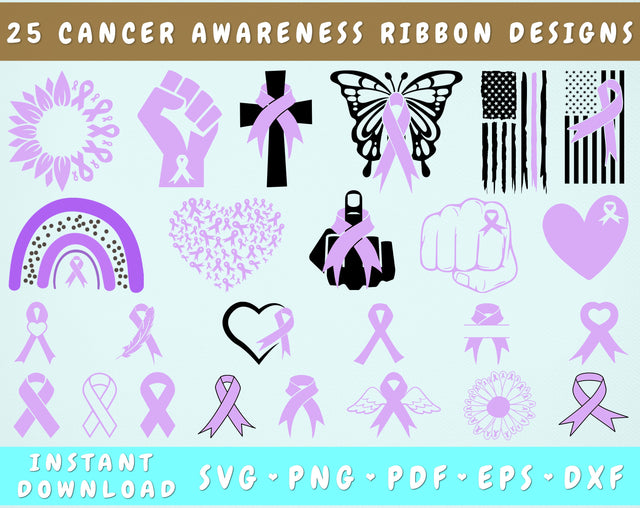 Cancer Awareness Ribbon SVG Bundle, 25 Designs, Cancer Awareness Clipart, Lavender Cancer Ribbon SVG, Cancer Awareness PNG Files, Cancer Awareness Sunflower SVG SVG HappyDesignStudio 