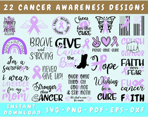 Cancer Awareness SVG Bundle, 22 Designs, Lavender Cancer Ribbon SVG, Fight Cancer SVG Cut Files SVG HappyDesignStudio 