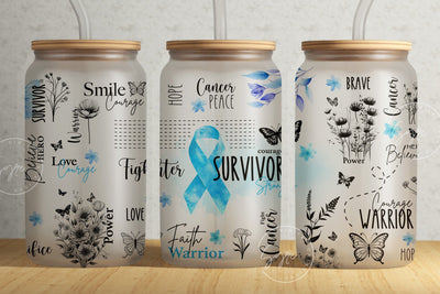 Cancer Awareness Tumbler, Blue Ribbon Tumbler, 16 oz Libbey Glass Can, Motivational Tumbler, Survivor Affirmations, Floral Tumbler, Digital Sublimation Syre Digital Creations 