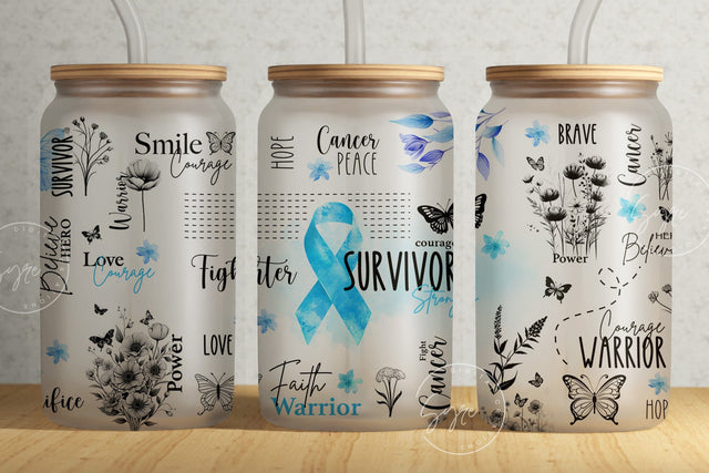 Cancer Awareness Tumbler, Blue Ribbon Tumbler, 16 oz Libbey Glass Can, Motivational Tumbler, Survivor Affirmations, Floral Tumbler, Digital Sublimation Syre Digital Creations 