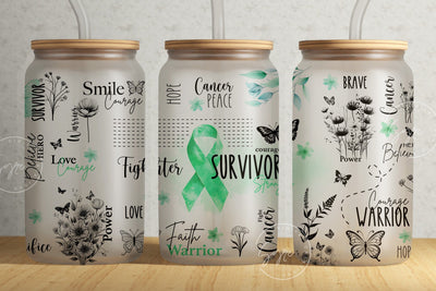Cancer Awareness Tumbler, Green Ribbon Tumbler, 16 oz Libbey Glass Can, Motivational Tumbler, Survivor Affirmations, Floral Tumbler, Digital Sublimation Syre Digital Creations 