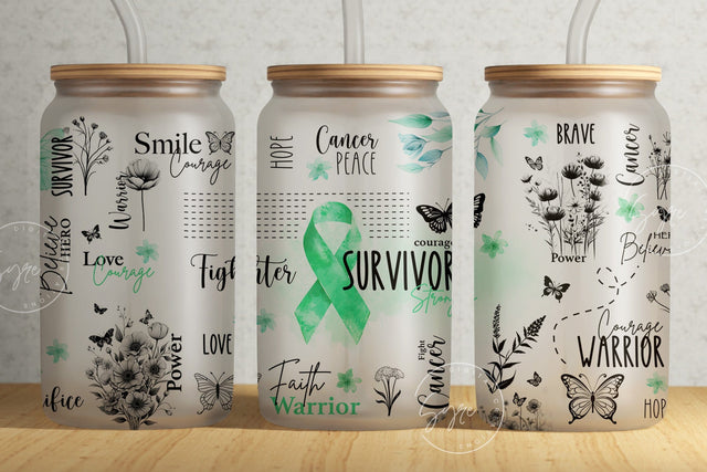 Cancer Awareness Tumbler, Green Ribbon Tumbler, 16 oz Libbey Glass Can, Motivational Tumbler, Survivor Affirmations, Floral Tumbler, Digital Sublimation Syre Digital Creations 