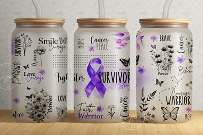 Cancer Awareness Tumbler, Purple Ribbon Tumbler, 16 oz Libbey Glass Can, Motivational Tumbler, Survivor Affirmations, Floral Tumbler, Digital Sublimation Syre Digital Creations 