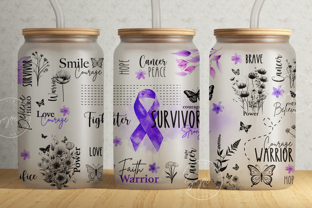 Cancer Awareness Tumbler, Purple Ribbon Tumbler, 16 oz Libbey Glass Can, Motivational Tumbler, Survivor Affirmations, Floral Tumbler, Digital Sublimation Syre Digital Creations 