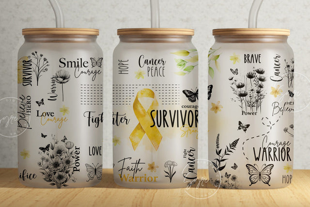 Cancer Awareness Tumbler, Yellow Ribbon Tumbler, 16 oz Libbey Glass Can, Motivational Tumbler, Survivor Affirmations, Floral Tumbler, Digital Sublimation Syre Digital Creations 