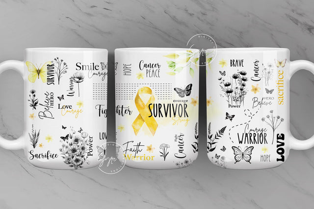 Cancer Awareness, Yellow Ribbon Mug, Motivational Mug, Positive Survivor Affirmations, 11 & 15 Oz Mug Press Sublimation, Digital File Sublimation Syre Digital Creations 