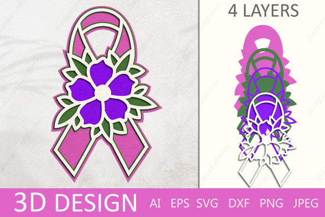 Cancer ribbon 3D layered papercut, Breast cancer awareness laser cut 3D Paper AnastasiyaArtDesign 