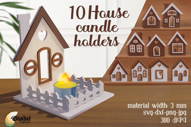Candle Holder Bundle Laser Cut. 3D House Candle Laser Cut SVG Evgenyia Guschina 