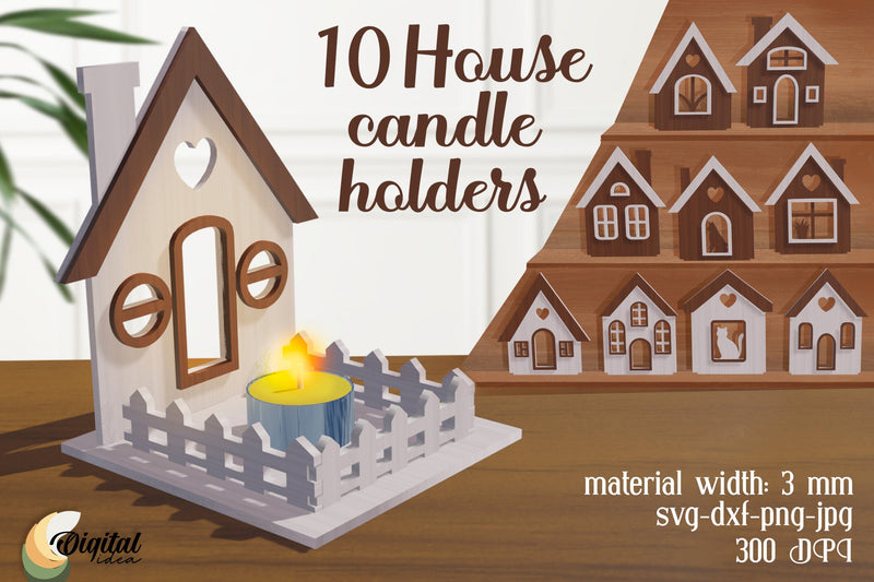 Candle Holder Bundle Laser Cut. 3D House Candle Laser Cut SVG Evgenyia Guschina 