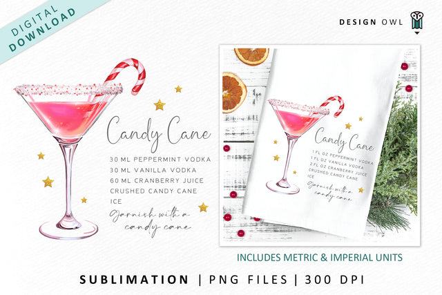 Candy Cane Christmas Cocktail Recipe Illustration Sublimation Design Owl 