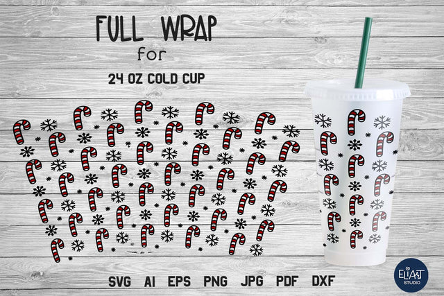 Candy Cane SVG Cold Cup Wrap, Full Cup Wrap SVG no Hole, 24 OZ Cold Cup Wrap. SVG Elinorka 