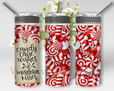 Candy Cane Wishes and Mistletoe Kisses 20oz Skinny Tumbler, Candy Cane Full Tumbler Wrap, Christmas Candy Tumbler Png, Candy Cane Sublimation Design for Straight, Instant Download Sublimation WillowSageDesign 