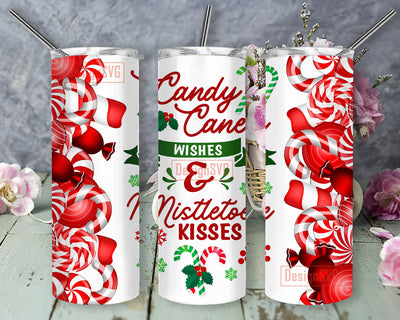 Candy Cane Wishes And Mistletoe Kisses Design Png, Candy Cane 20oz Tumbler Wrap, Christmas Candy Tumbler Template, Digital Download Sublimation DesignSVG 