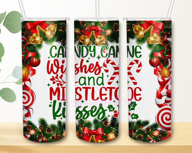 Candy Cane Wishes And Mistletoe Kisses Tumbler Png, Christmas Candy 20oz Skinny Tumbler, Christmas Decor Tumbler Wrap, Christmas Bell Design Png, Xmas Sublimation Design, Instant Download Sublimation sassyprint 