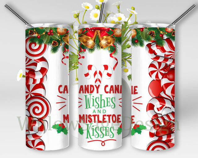 Candy Cane Wishes and Mistletoe Kisses Tumbler Wrap, Christmas Candy Cane 20oz Tumbler Template, Christmas Tree, Christmas Sublimation Design, Instant Download Sublimation WillowSageDesign 