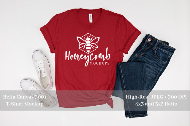 Canvas Red Bella Canvas 3001 T-Shirt Mockup, Women's T-Shirt Mockup Mock Up Photo Honeycomb Mockups 
